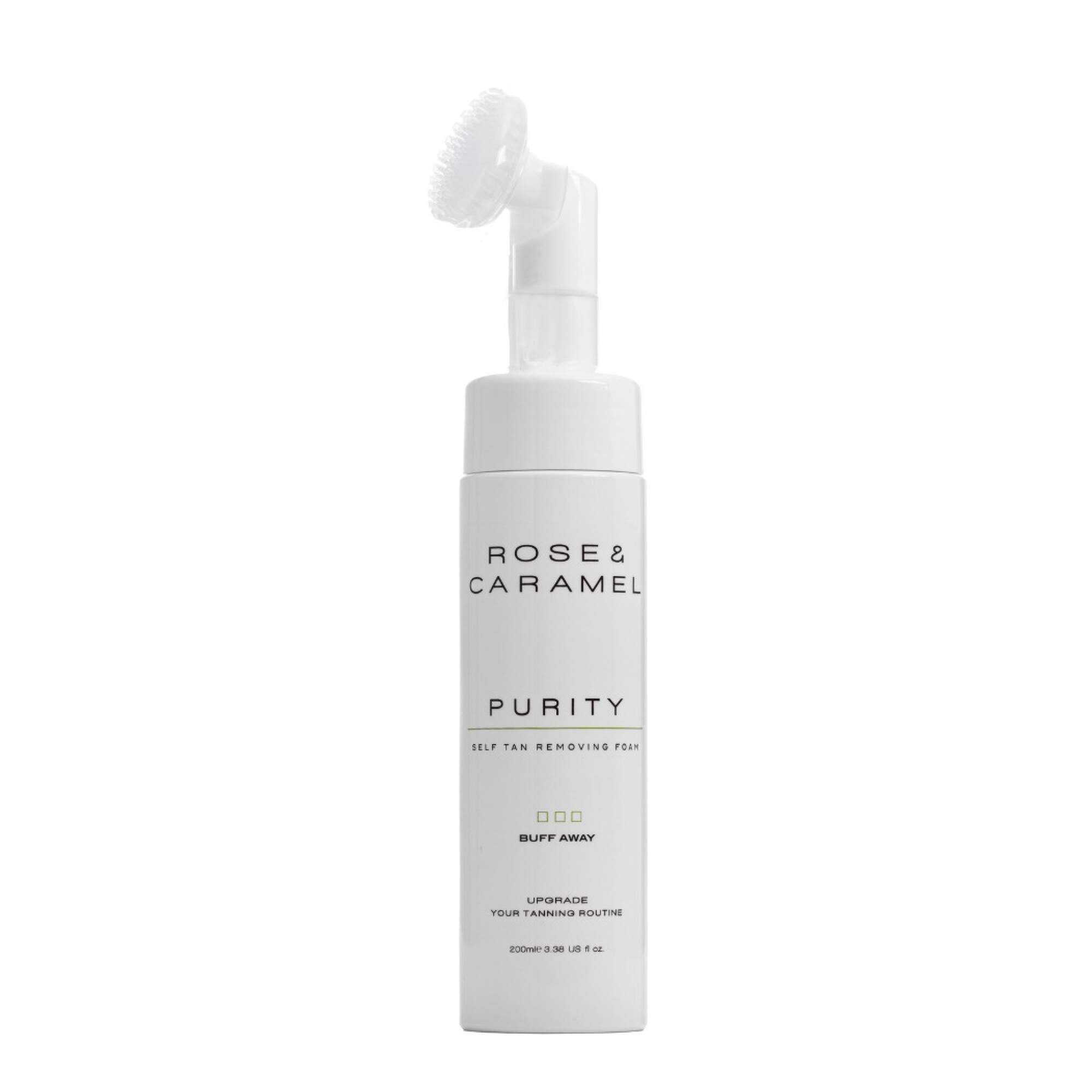 White bottle branded Rose & Caramel tan remover with a white background.