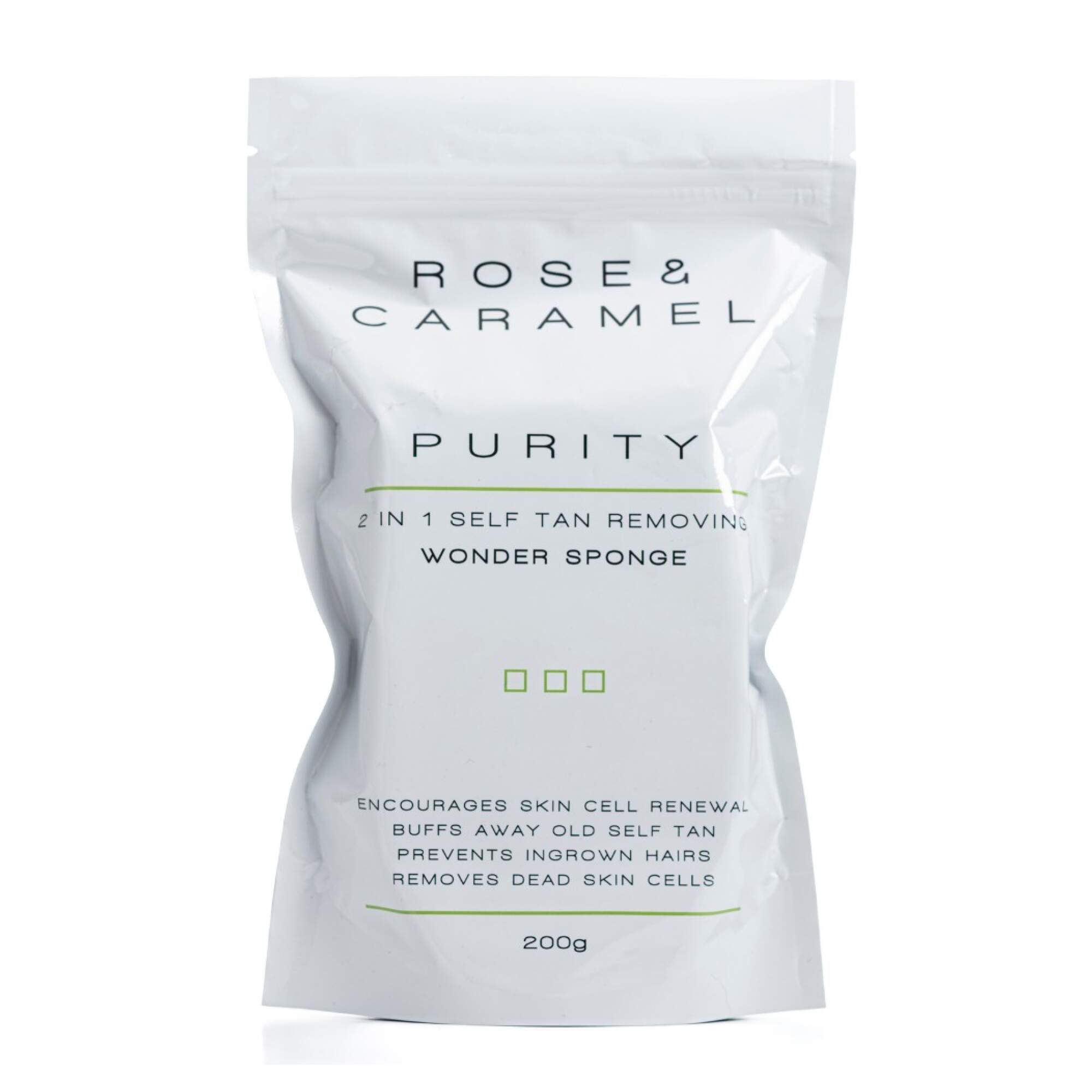 White bag branded Rose & Caramel wonder sponge tan remover on a while background.