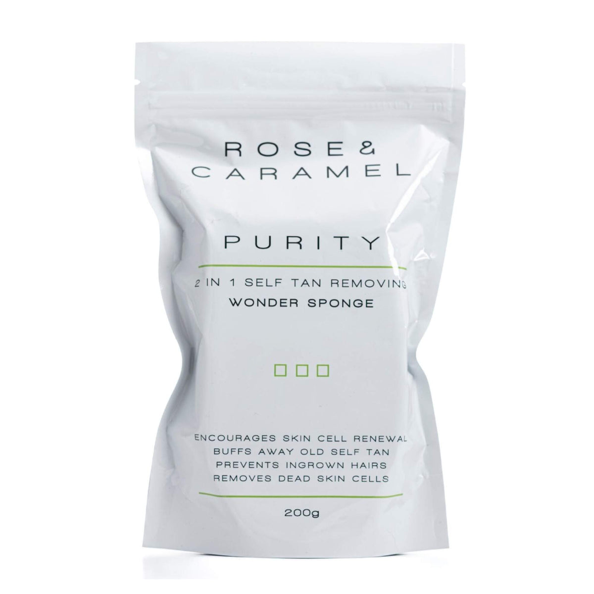 White bag branded Rose & Caramel wonder sponge tan remover on a while background.