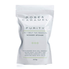 White bag branded Rose & Caramel wonder sponge tan remover on a while background.