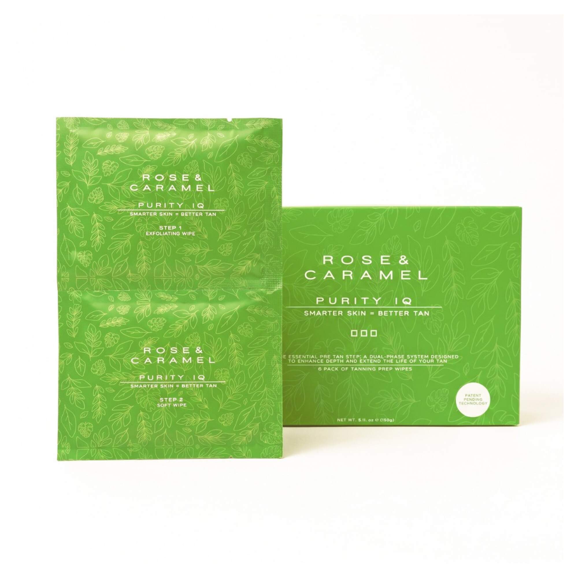 Green box with sachet branded Rose & Caramel wipes on a white background.