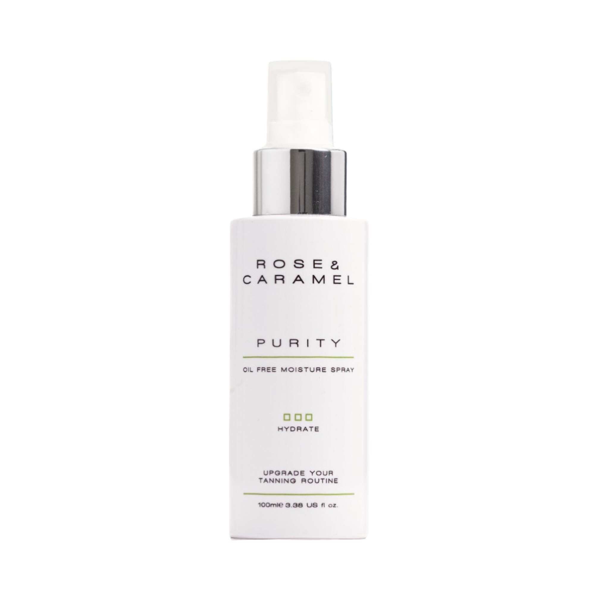 White bottle branded Rose & Caramel Purity Moisture Spray with a white background.