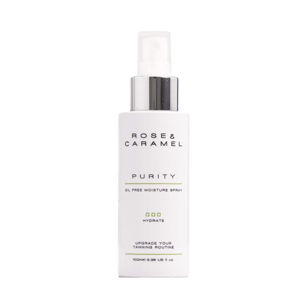 White bottle branded Rose & Caramel Purity Moisture Spray with a white background.