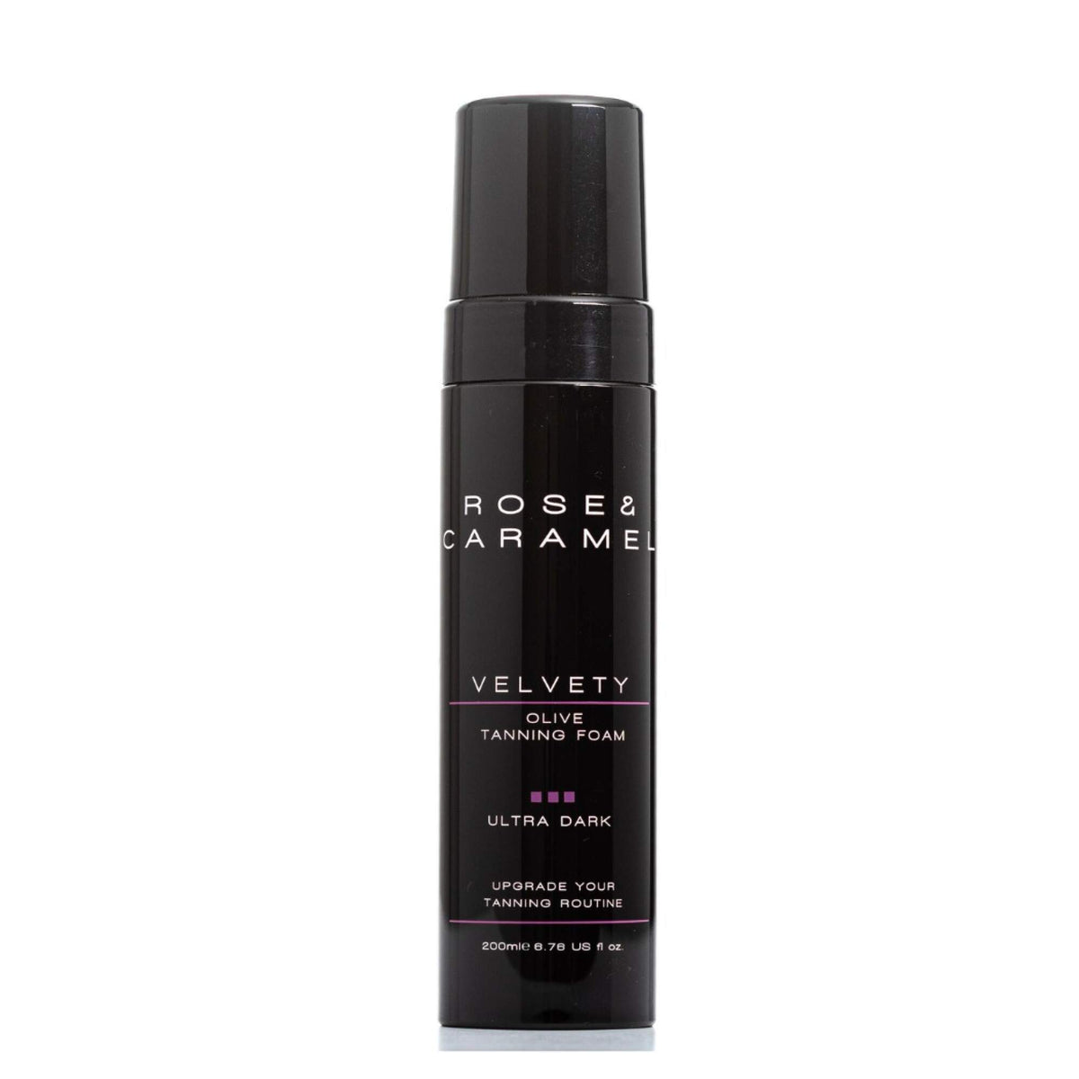 Black bottle branded Rose & Caramel ultra Dark foam tan on a white background.