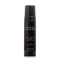 Black bottle branded Rose & Caramel ultra Dark foam tan on a white background.