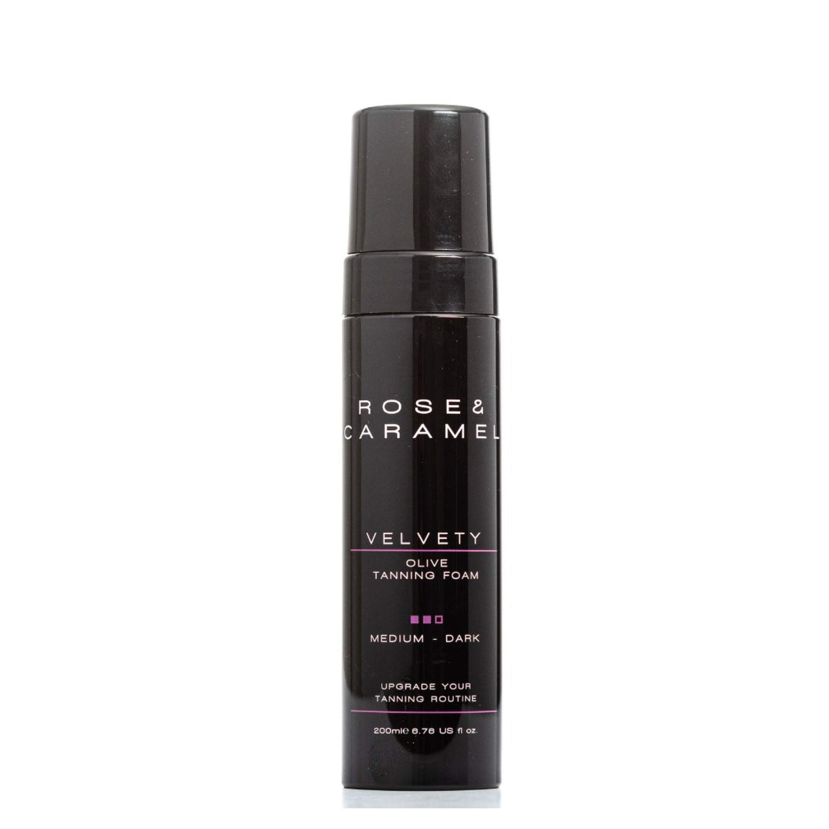 Black bottle branded Rose & Caramel Medium to Dark foam tan on a white background.