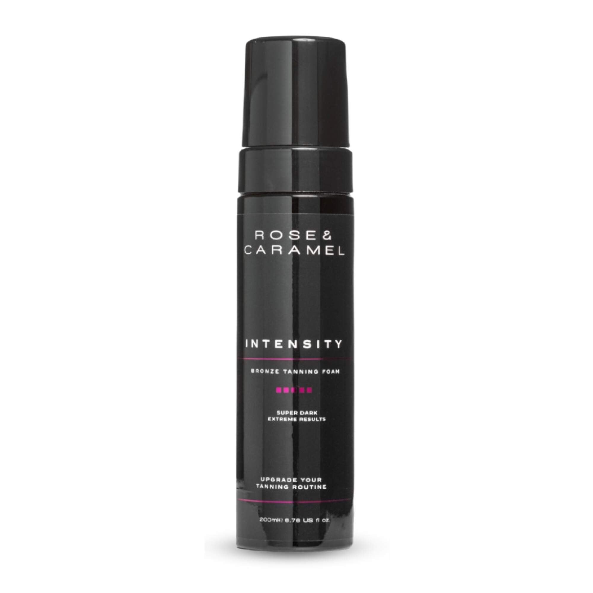 Black bottle branded Rose & Caramel. Bronze Tanning foam in the shade super dark with a white background.