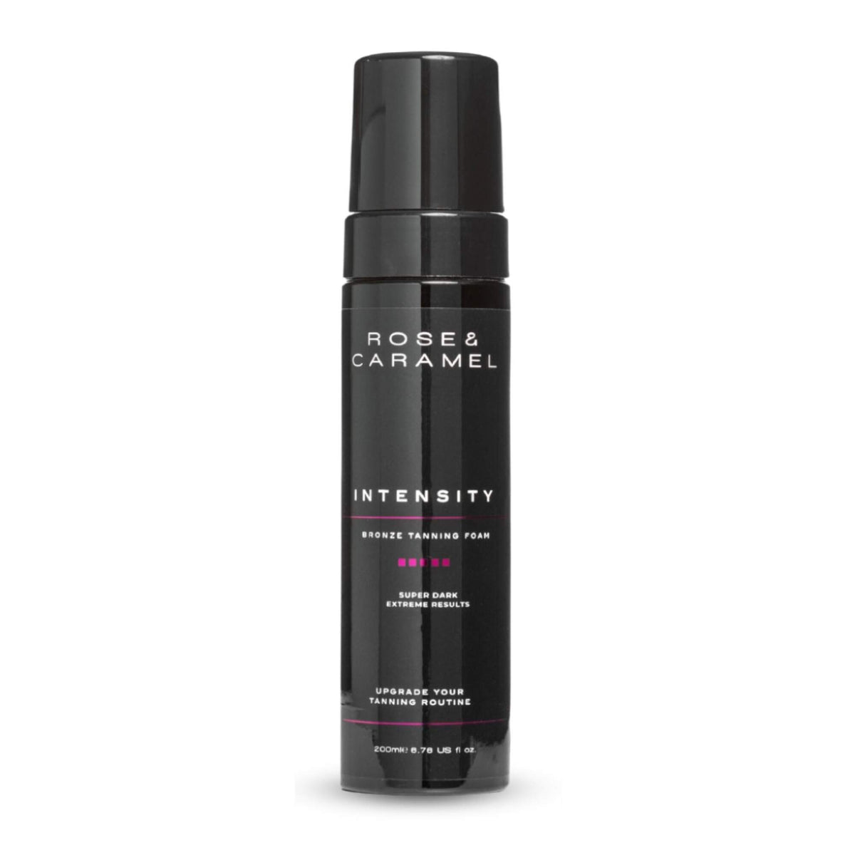 Black bottle branded Rose & Caramel. Bronze Tanning foam in the shade super dark with a white background.