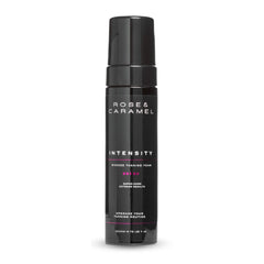Black bottle branded Rose & Caramel. Bronze Tanning foam in the shade super dark with a white background.