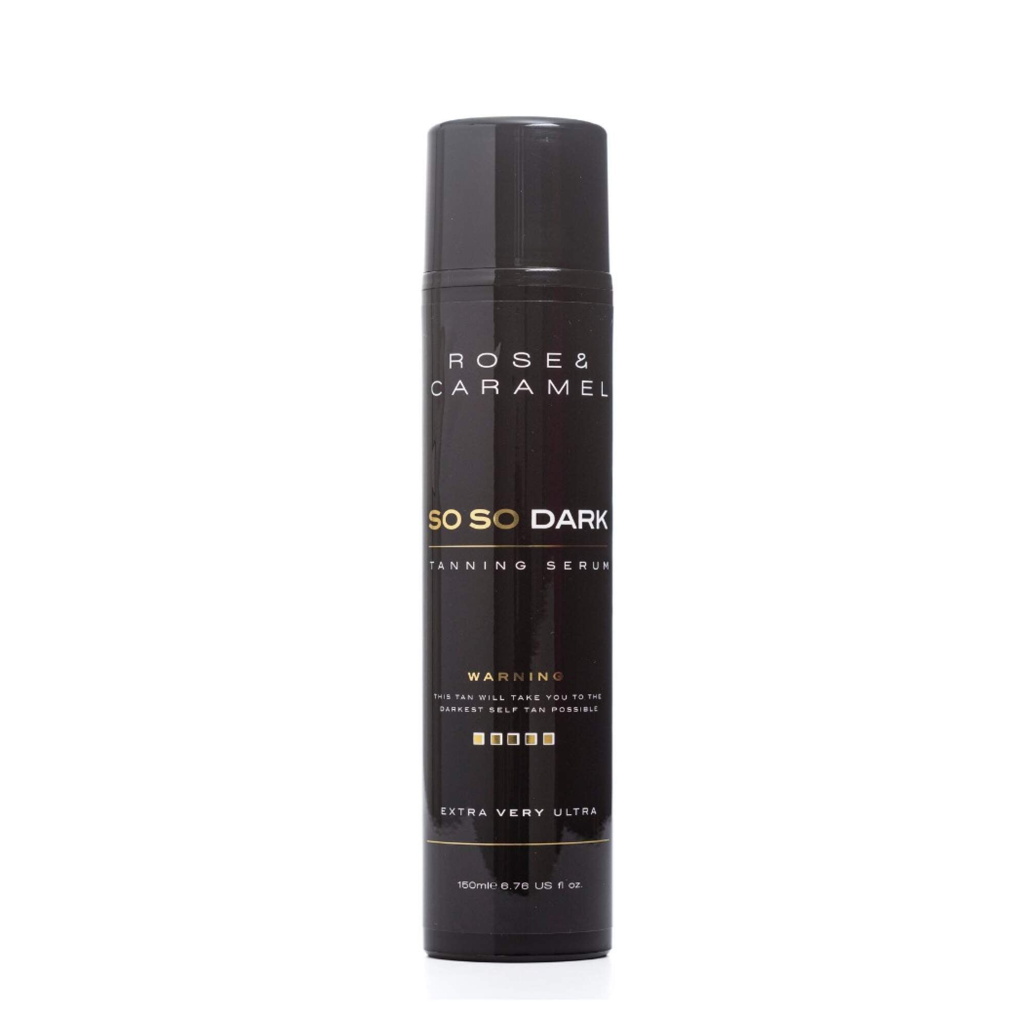 Black bottle branded Rose & Caramel so so dark tanning serum on a white background.