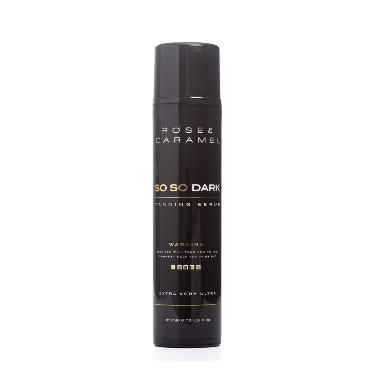 Black bottle branded Rose & Caramel so so dark tanning serum on a white background.