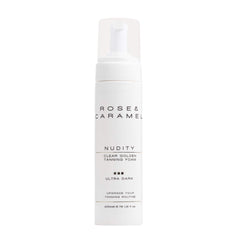 White bottle branded Rose & Caramel clear golden tanning foam with a white background. 
