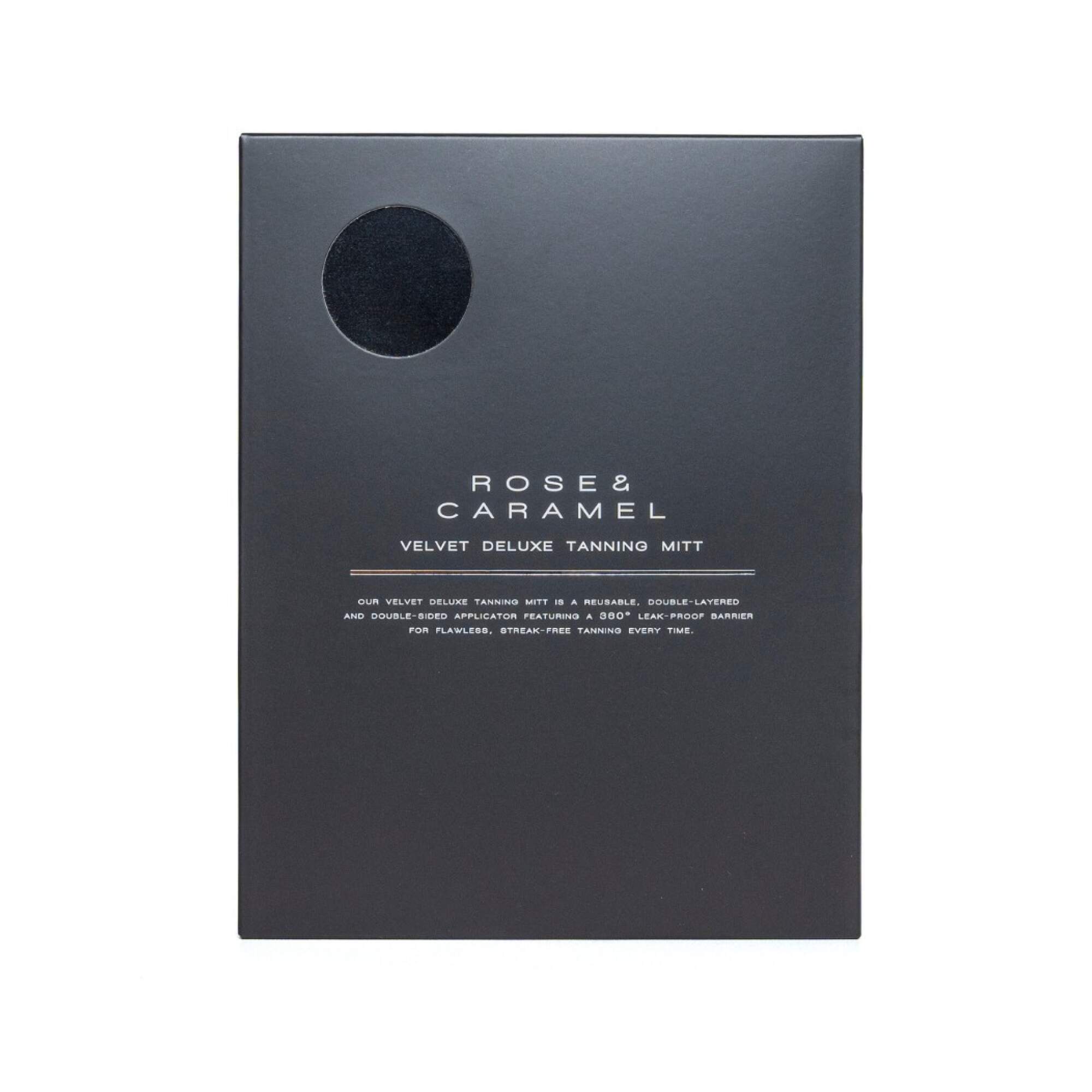 Black Rose and Caramel Tanning mitt box with white background. 