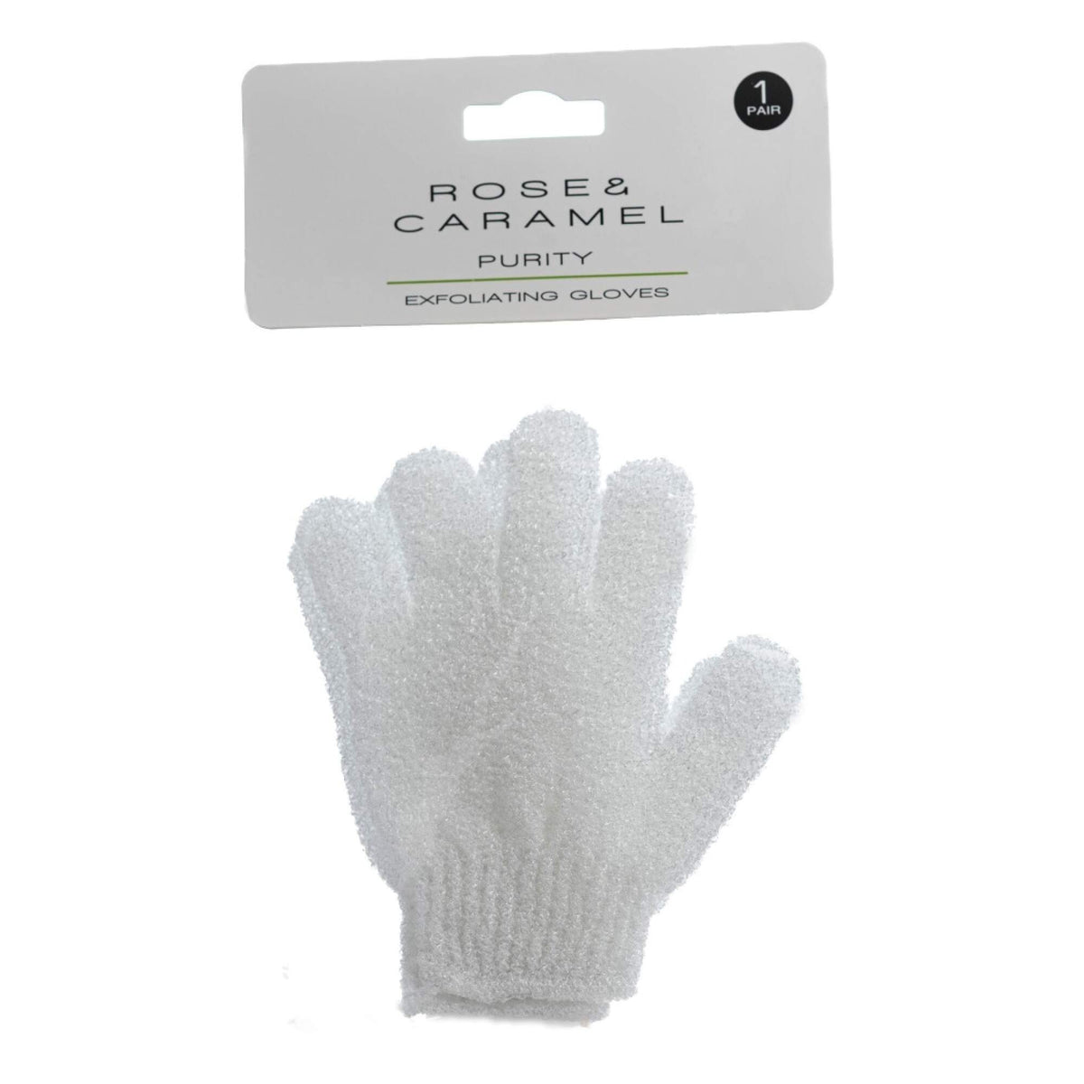White exfoliating gloves on a white cardboard hanger on a white background.