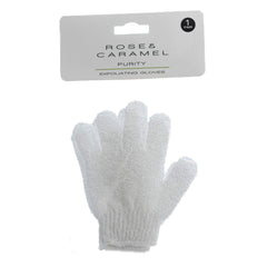 White exfoliating gloves on a white cardboard hanger on a white background.