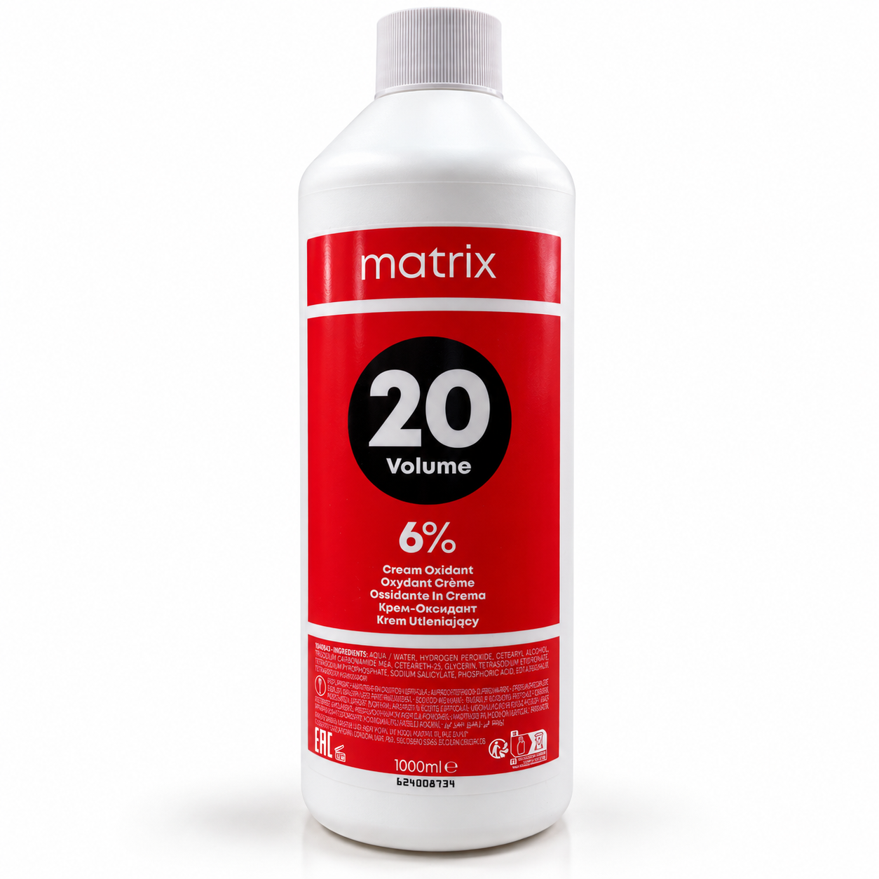 A white plastic bottle of Matrix 20 Volume 6% Cream Oxidant with a red and black label, set against a plain white background.