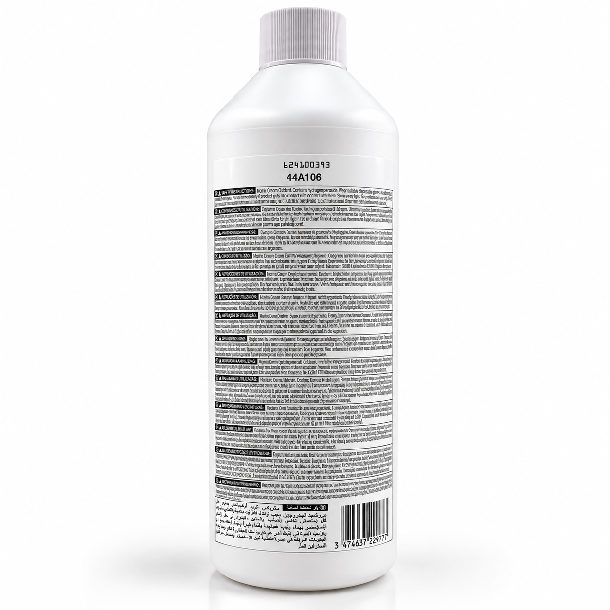 A white plastic bottle with a ribbed white cap, showing the back label with black text, numbers, and a barcode on a clean white background.