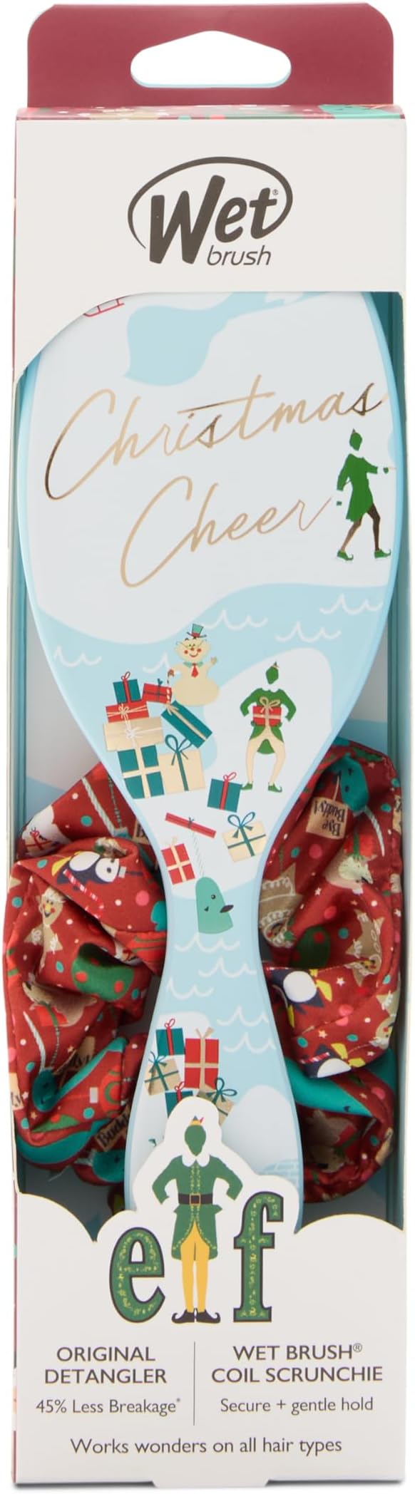 Wet brush Christmas Cheer detangler in its retail packaging, featuring a festive light blue bow decorated with holiday illustrations and red patterned ends.