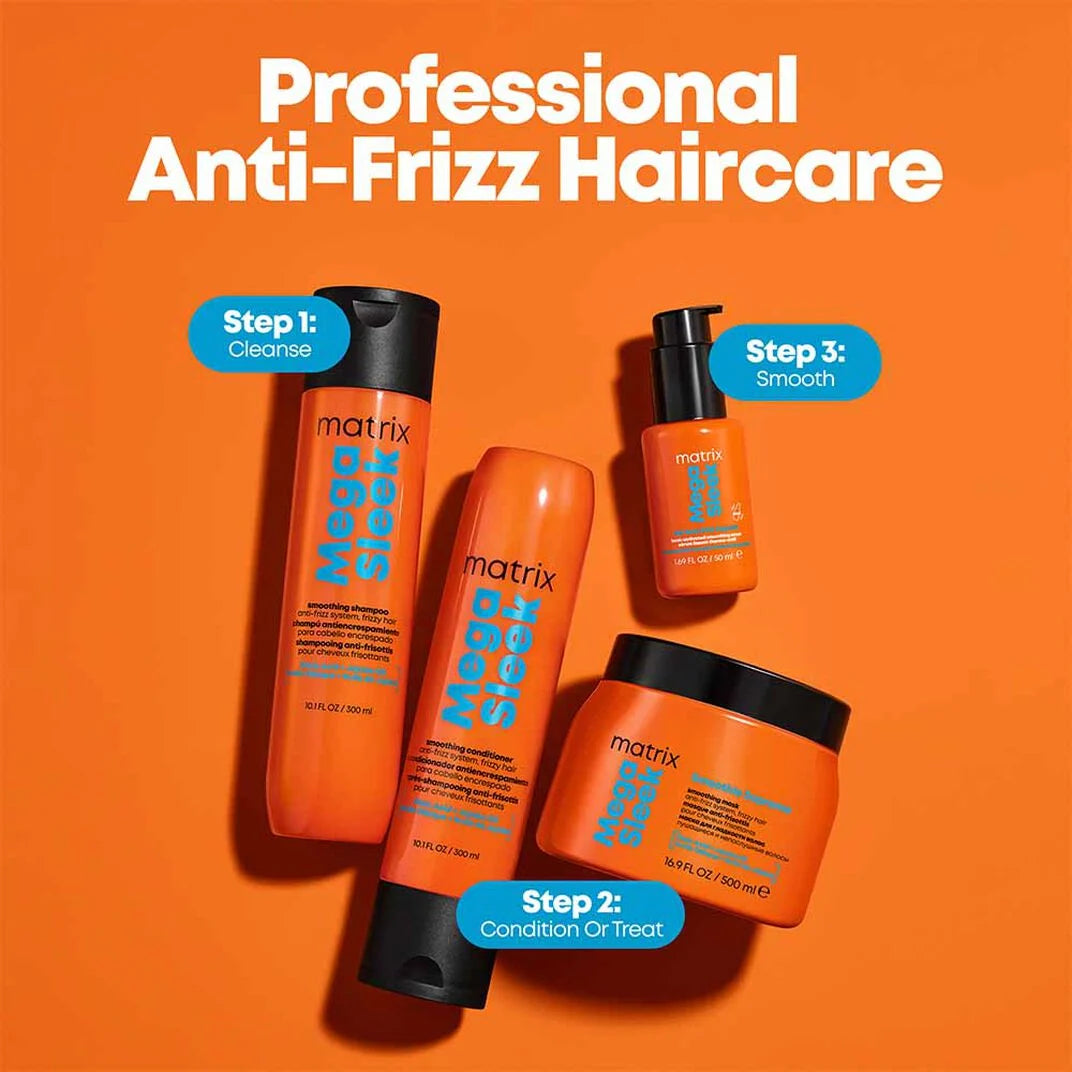 Four Matrix anti-frizz haircare products in bright orange packaging with black caps are arranged on a solid orange background under the headline 'Professional Anti-Frizz Haircare.' Blue circular callouts label the steps: Step 1: Cleanse, Step 2: Condition Or Treat, and Step 3: Smooth.