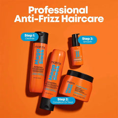 Four Matrix anti-frizz haircare products in bright orange packaging with black caps are arranged on a solid orange background under the headline 'Professional Anti-Frizz Haircare.' Blue circular callouts label the steps: Step 1: Cleanse, Step 2: Condition Or Treat, and Step 3: Smooth.