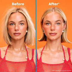 Before and after beauty comparison of a blonde woman with blue eyes, showing a skincare or makeup result, against a solid orange background. She is wearing a red studded top.