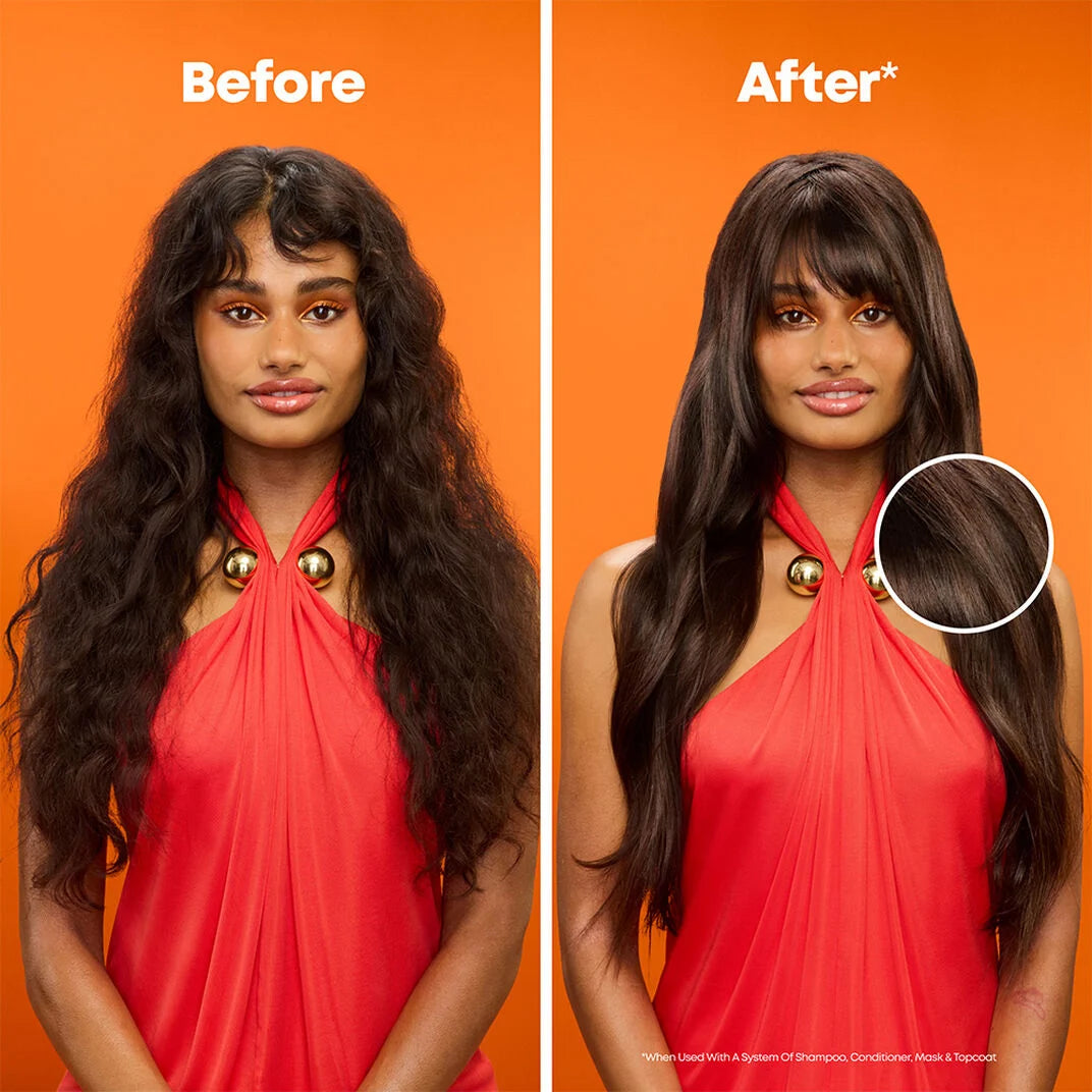 Before-and-after split comparison of a woman's long, wavy dark hair, showing frizzy texture on the left and smoother, straighter hair on the right, against an orange background.