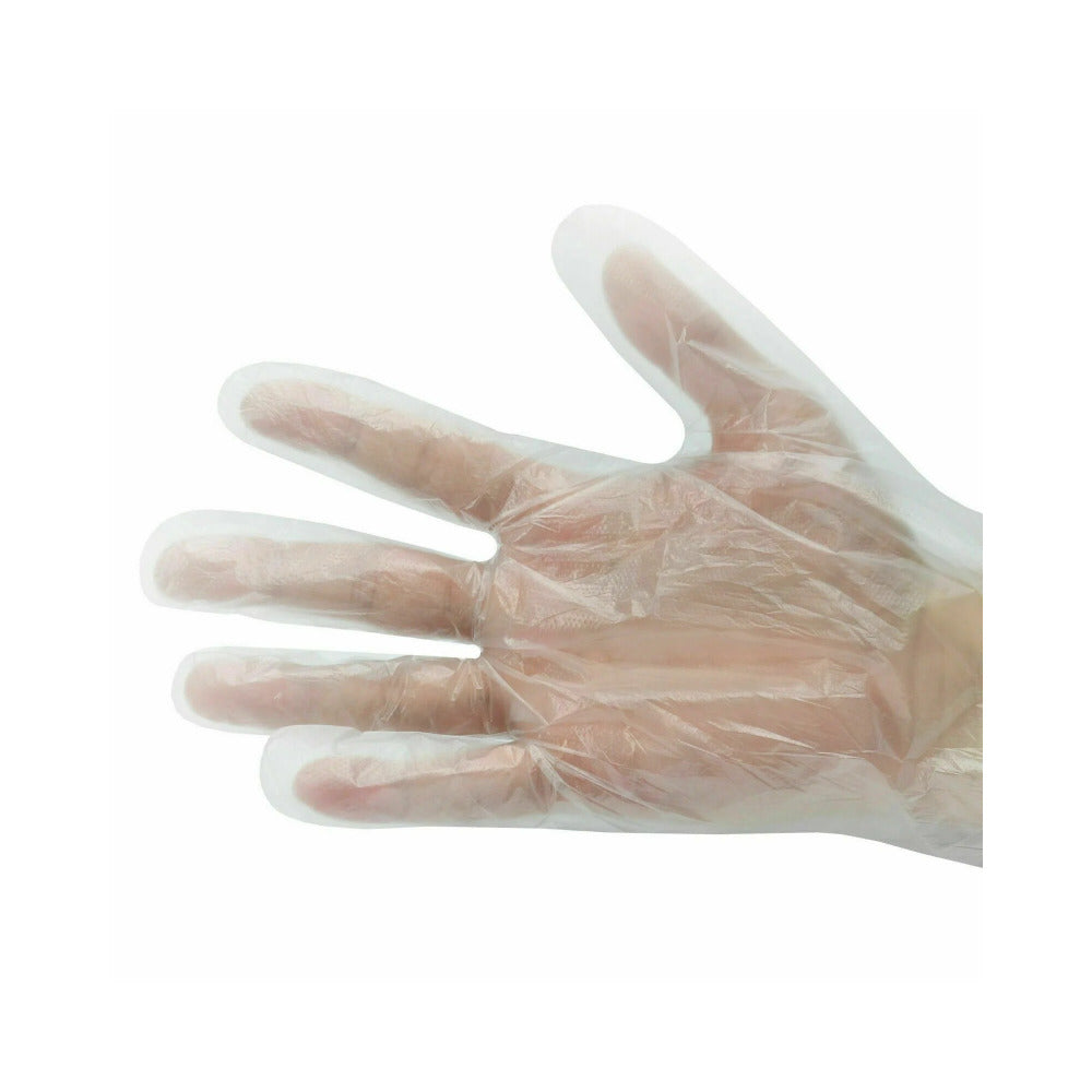 A hand wearing a clear glove on a white background. 