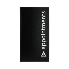 Black and white front cover of an appointments book on a white background. 