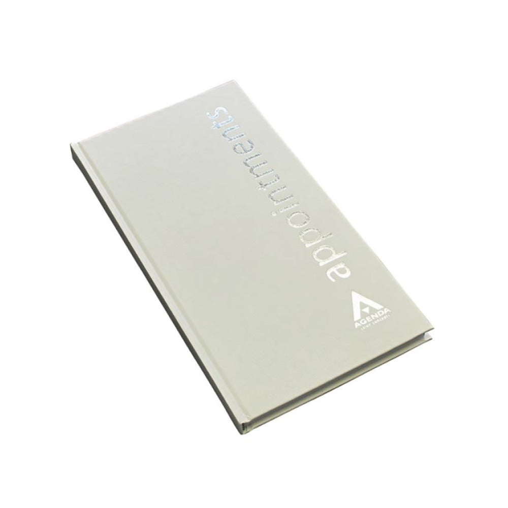 The front of a white appointment book on a white background. 