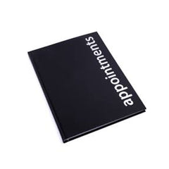 Black appointment book on a white background. 