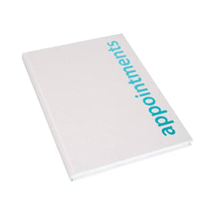 White appointment book with the blue writing saying appointment on it on a white background. 