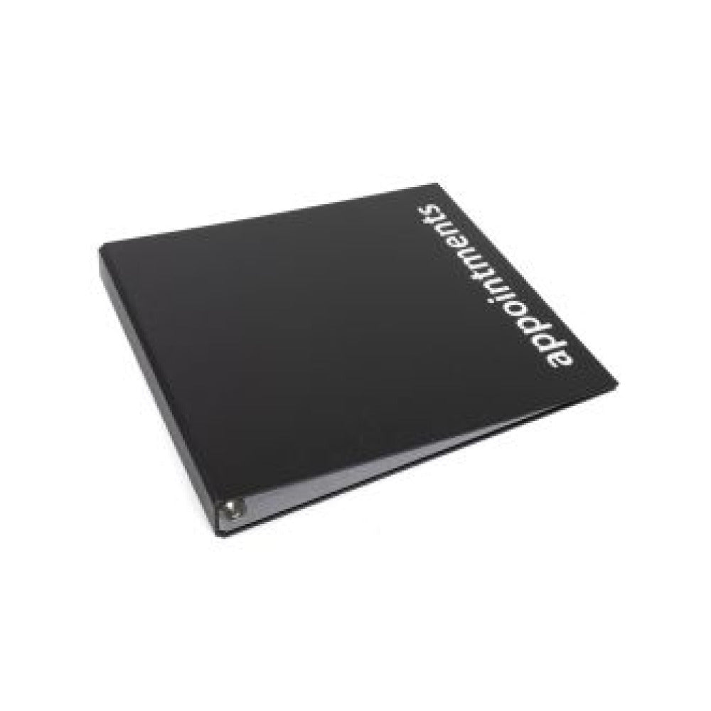 Black binder on a white background. 