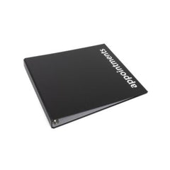 Black binder on a white background. 