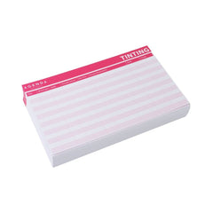 Pink and white tinting record cards on a white background. 