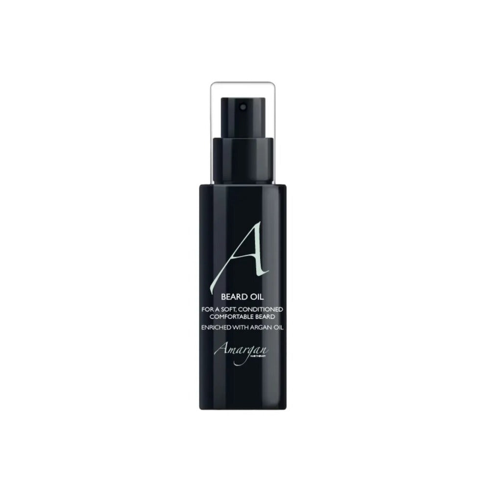 A black pump bottle labeled 'A' for Amargan Beard Oil, with the text 'BEARD OIL WITH ARGAN OIL' and '50ml' indicated.