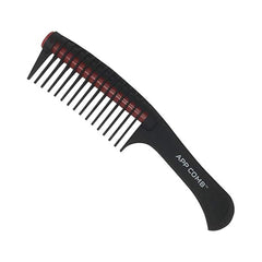 A black-handled hair comb with widely spaced teeth, designed for applying hair treatments.