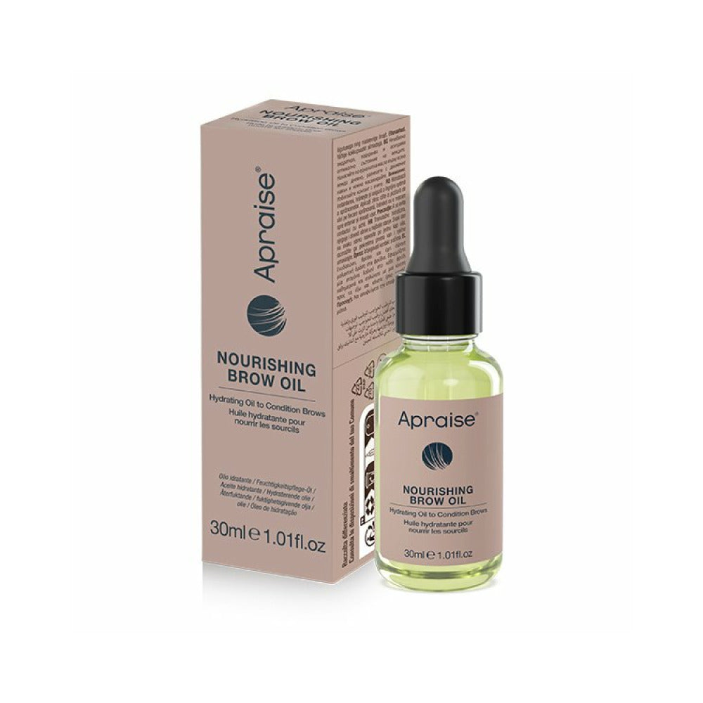 Brow oil box next to the glass bottle product on a white background.
