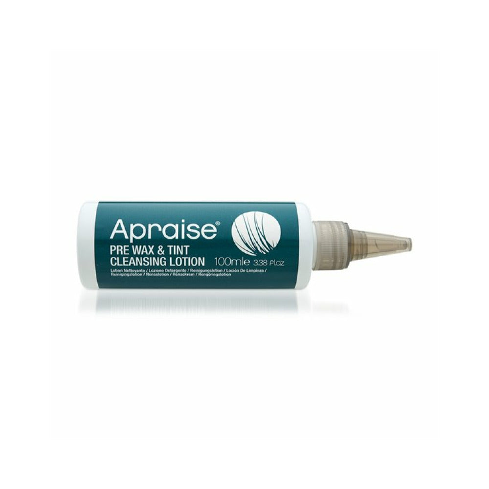 Apraise pre wax and tint lotion on its side on a white background. 