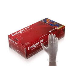 A box of Aurelia Delight PF Clear Powder Free Vinyl Gloves with a glove displayed in front of the box. The gloves are clear and the box has red packaging with product information.