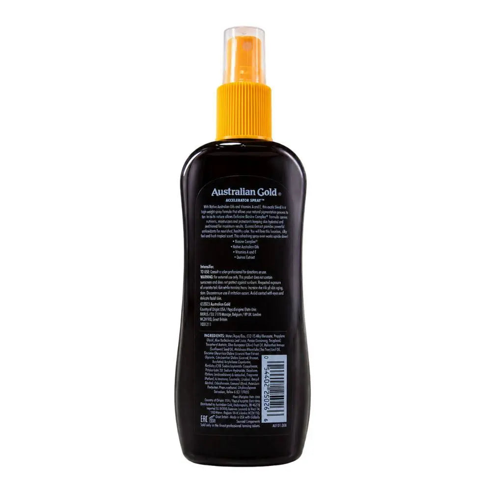 A bottle of Australian Gold UV Protectant spray shown from the back, featuring a dark brown bottle with a bright yellow spray nozzle and a clear cap, on a white background.