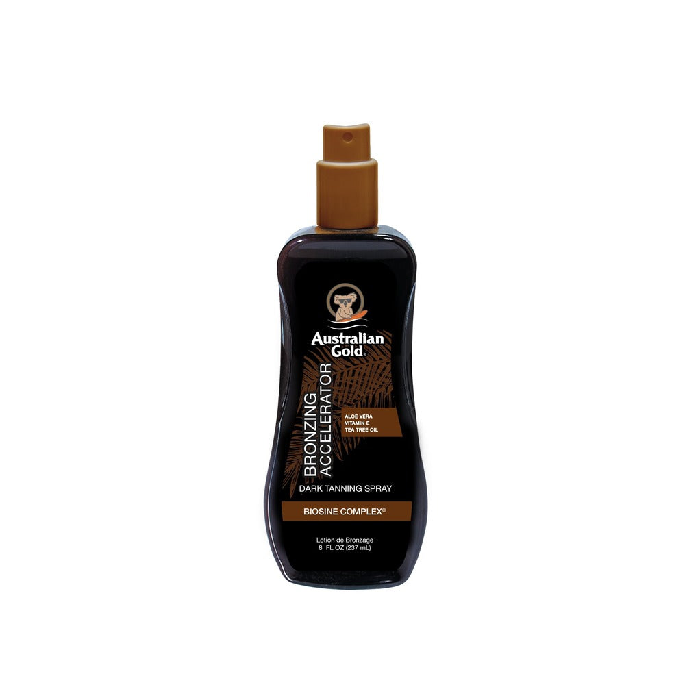 A 237ml bottle of Bronzing Accelerator spray bottle on a white background. 