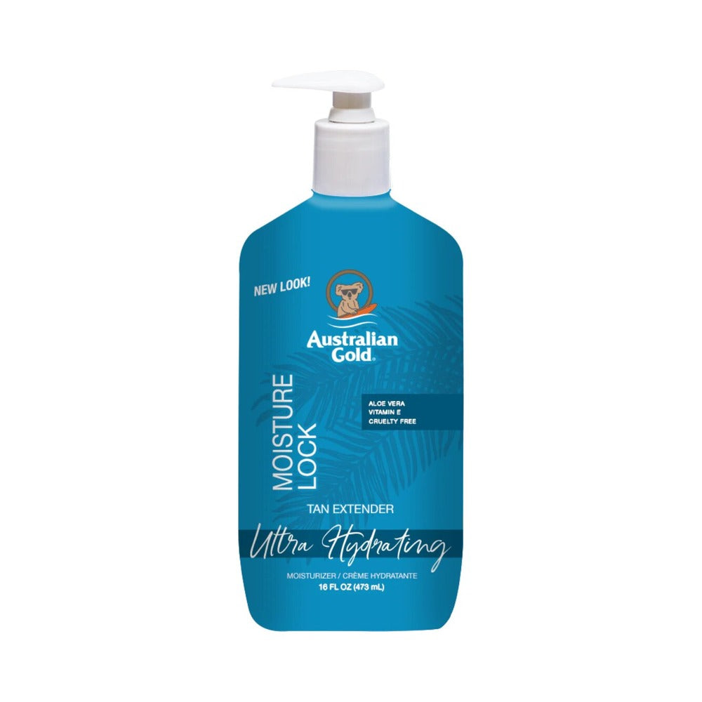 Australian Gold Moisture Lock Tan Extender bottle with pump, blue color, with text detailing product use and features.