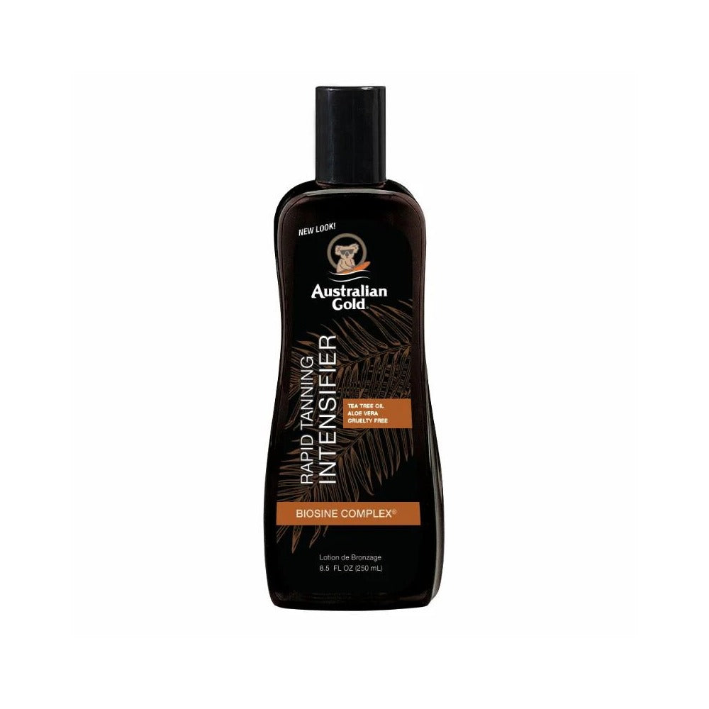 Australian Gold Rapid Tanning Intensifier in a black bottle with a label showing a palm tree and product details.