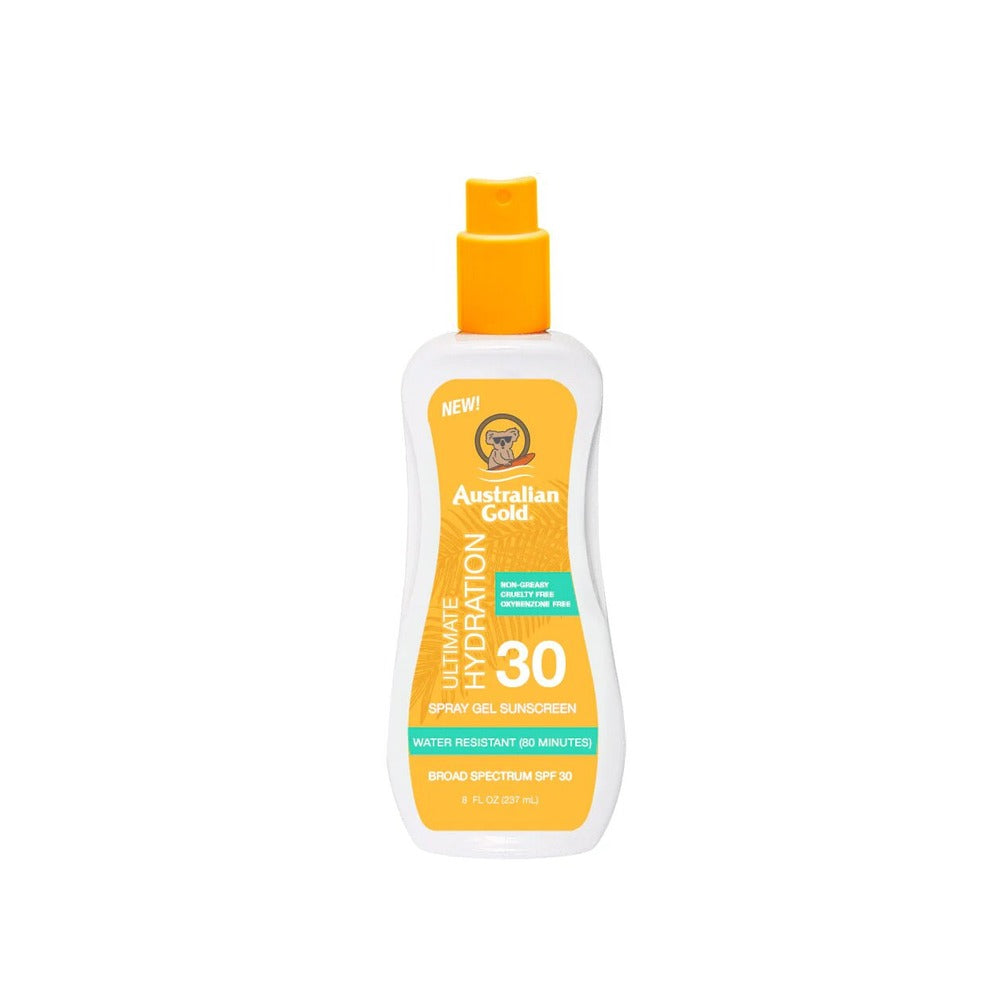 Australian Gold SPF 30 Clear Spray Gel Sunscreen in a white bottle with an orange cap.