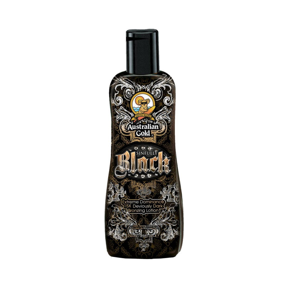 A 250ml bottle of Sinfully Black on a white background. 