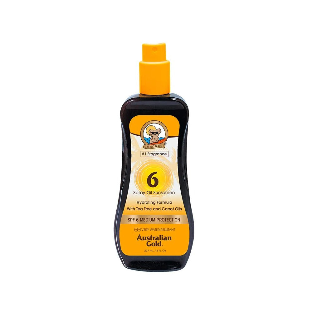 Australian Gold SPF 6 Spray Oil Sunscreen in a clear plastic bottle with a yellow cap.