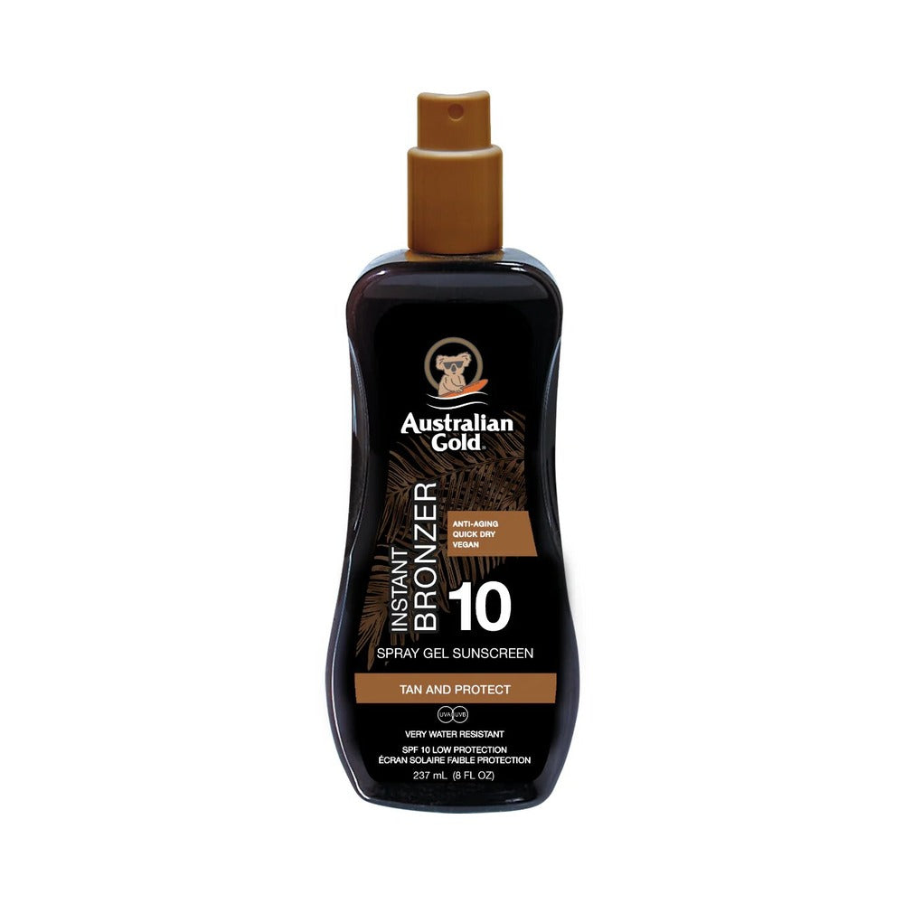 Australian Gold SPF 10 Bronzer Spray Gel Sunscreen in a brown bottle with a pump dispenser, labeled with SPF 10 protection.