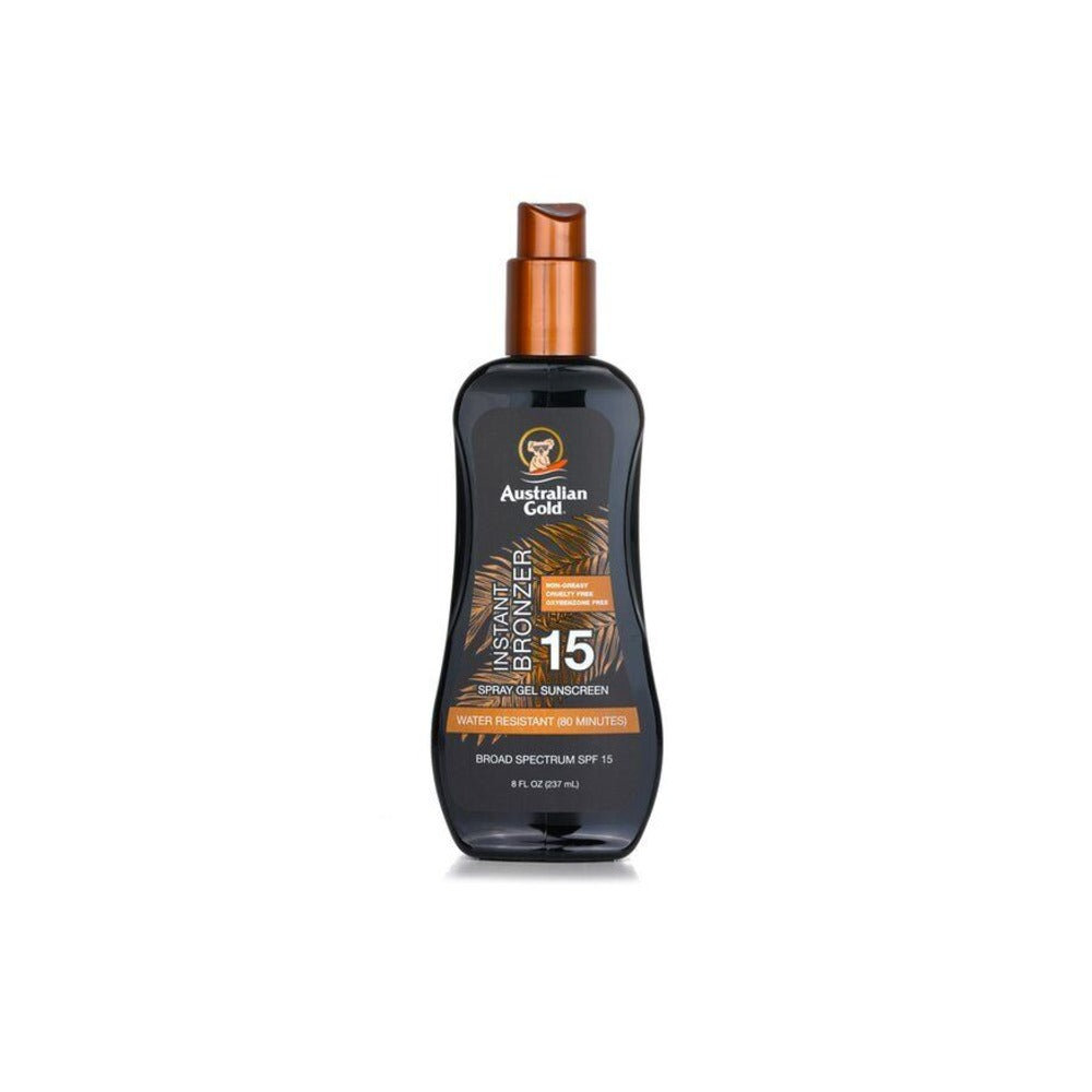 Australian Gold SPF 15 Bronzer Spray Gel Sunscreen in a brown bottle with a pump dispenser, labeled with SPF 15 protection.