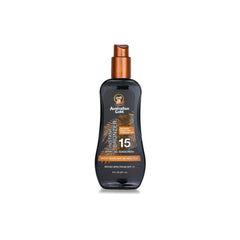 Australian Gold SPF 15 Bronzer Spray Gel Sunscreen in a brown bottle with a pump dispenser, labeled with SPF 15 protection.