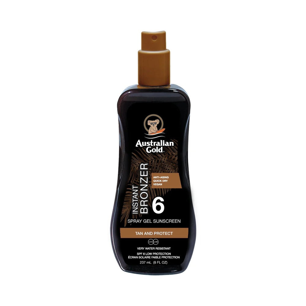 Australian Gold brand sunscreen spray gel with instant bronzer, in a brown bottle with a white label.